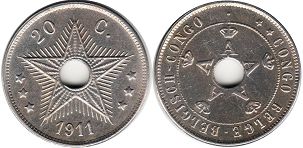 монета Бельгийское Конго 20 сантимов 1911