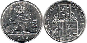 монета Бельгия 5 франков 1938