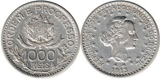 монета Бразилия 1000 рейс 1913