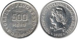 монета Бразилия 500 рейс 1906