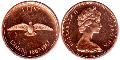 монета canadian юбилейная монета 1 цент 1967