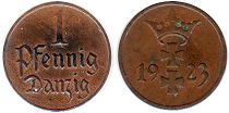 монета Данциг (Гданьск) 1 пфенниг 1923