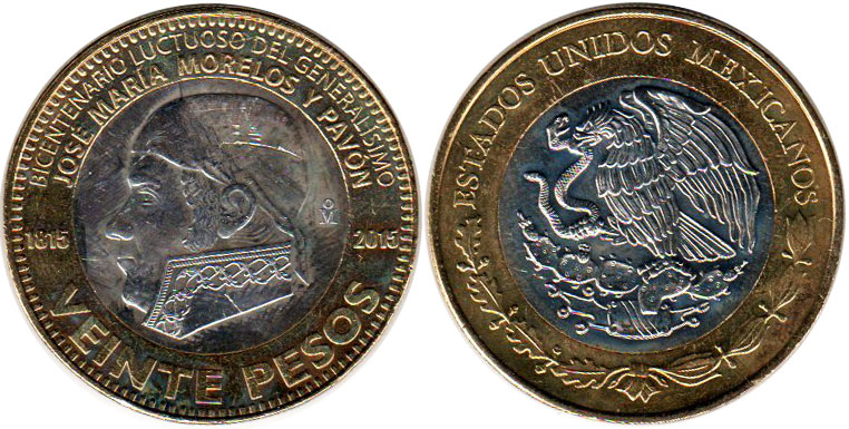 Мексика монета 20 песо 2015 Хосе Мария Морелос и Павон