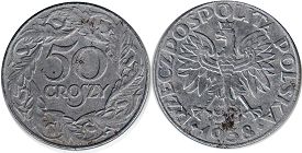 монета Польша 50 грошей 1938