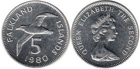 монета Фолклендские Острова 5 пенсов 1980
