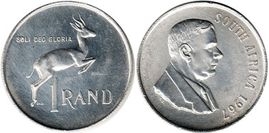 монета ЮАР 1 рэнд 1967