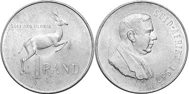 монета ЮАР 1 рэнд 1967