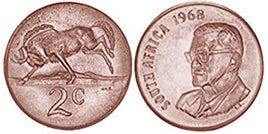 монета ЮАР 2 цента 1968