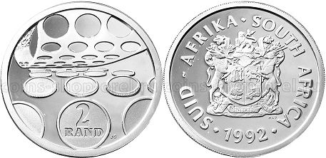 монета ЮАР 2 рэнда 1992