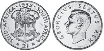 монета Южная Африка 2 шиллинга 1952