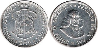 монета ЮАР 20 центов 1963