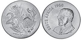 монета ЮАР 20 центов 1968