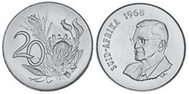 монета ЮАР 20 центов 1968