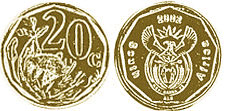монета ЮАР 20 центов 2002 (2002, 2015)