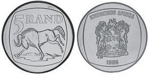 монета ЮАР 5 рэндов 1996 (1996, 1997, 1998, 1999, 2000)