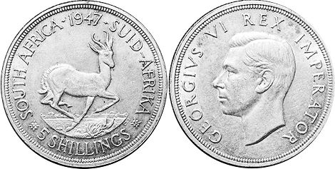 монета Южная Африка 5 шиллингов 1947