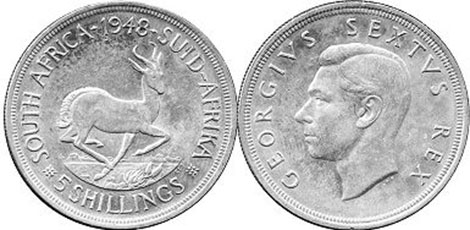 монета Южная Африка 5 шиллингов 1948