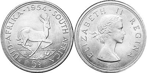 монета Южная Африка 5 шиллингов 1954