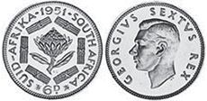монета Южная Африка 6 пенсов 1951
