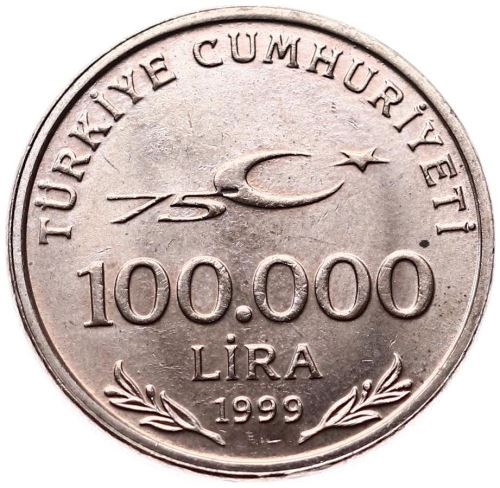 100.000 Лира - 75-летие Республики 1999 Аверс
