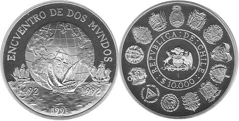 Chile 10000 pesos 1991 descubrimiento of América