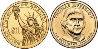США монета 1 доллар 2007 Джефферсон