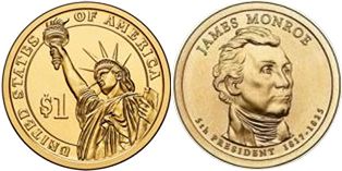 США монета 1 доллар 2008 Монро