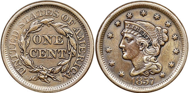 США монета 1 цент 1857