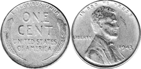 США монета 1 цент 1943