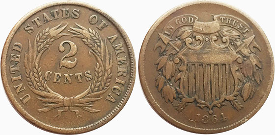 США монета 2 cents 1864