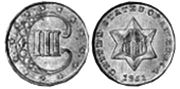 США монета 3 цента 1851