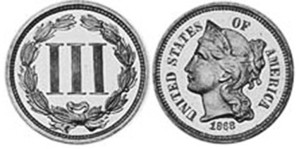 США монета 3 цента 1868
