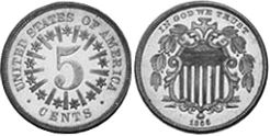 США монета 5 центов 1866
