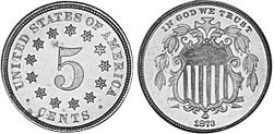 США монета 5 центов 1866