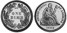 США монета дайм 1863