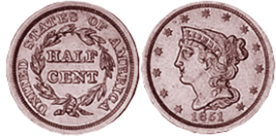 США монета half cent 1851