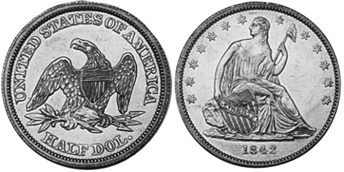 США монета 1/2 dollar 1842