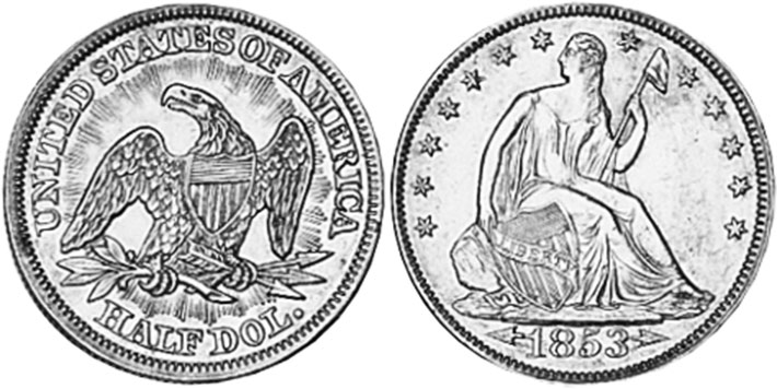США монета 1/2 dollar 1853