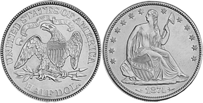 США монета 1/2 dollar 1874