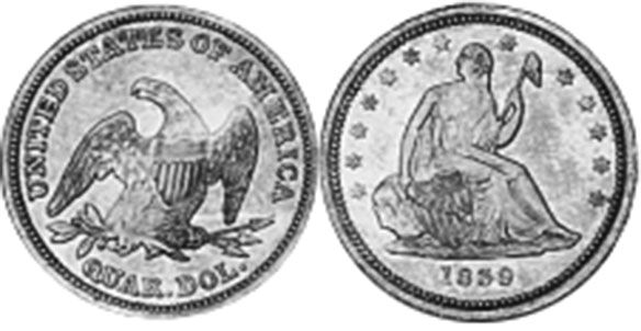 США монета quarter 1839