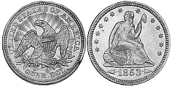 США монета quarter 1853