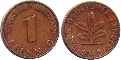 Монета Deutschland 1 пфенниг 1948