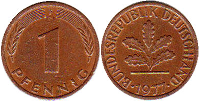 Монета Deutschland 1 пфенниг 1977