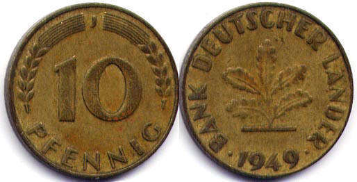 Монета Deutschland 10 пфеннигов 1949
