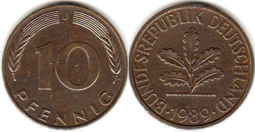 Монета Deutschland 10 пфеннигов 1989