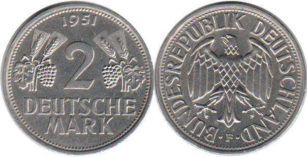 Монета Deutschland 2 mark 1951