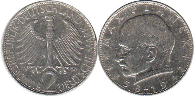 Монета Deutschland BRD 2 mark 1958 Max Planck