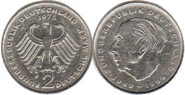 Монета Deutschland 2 mark 1975 Theodor Heuss