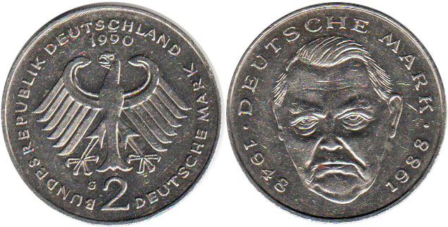 Монета Deutschland 2 mark 1990 Ludwig Erhard