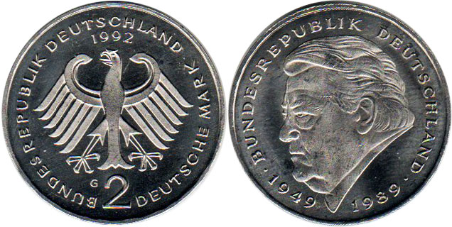 Монета Deutschland BDR 2 mark 1992 Franz Joseph Strauss